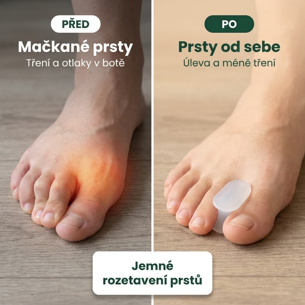 Silikonový oddělovač prstů před a po – prsty od sebe bez tření a otlaků